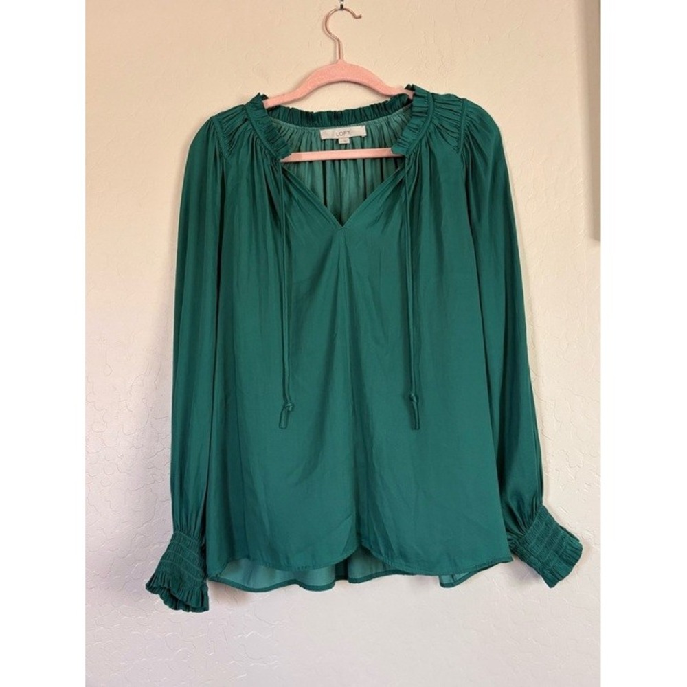 LOFT Peasant Blouse Women Large Green Excellent Smocked Tie Neck Long Sleeve